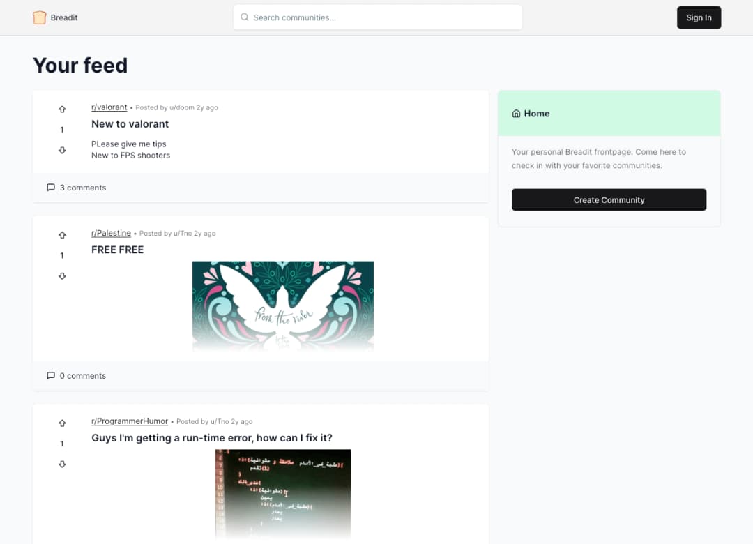 Feed page showing community posts with voting and comments