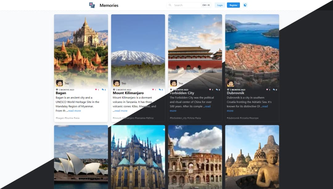 Home page of Memories, a memory-sharing app, displaying a grid of user posts with photos, descriptions, and tags
