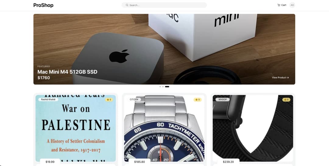 Home page of ProShop, an e-commerce app, featuring a product carousel and a grid of product across different categories